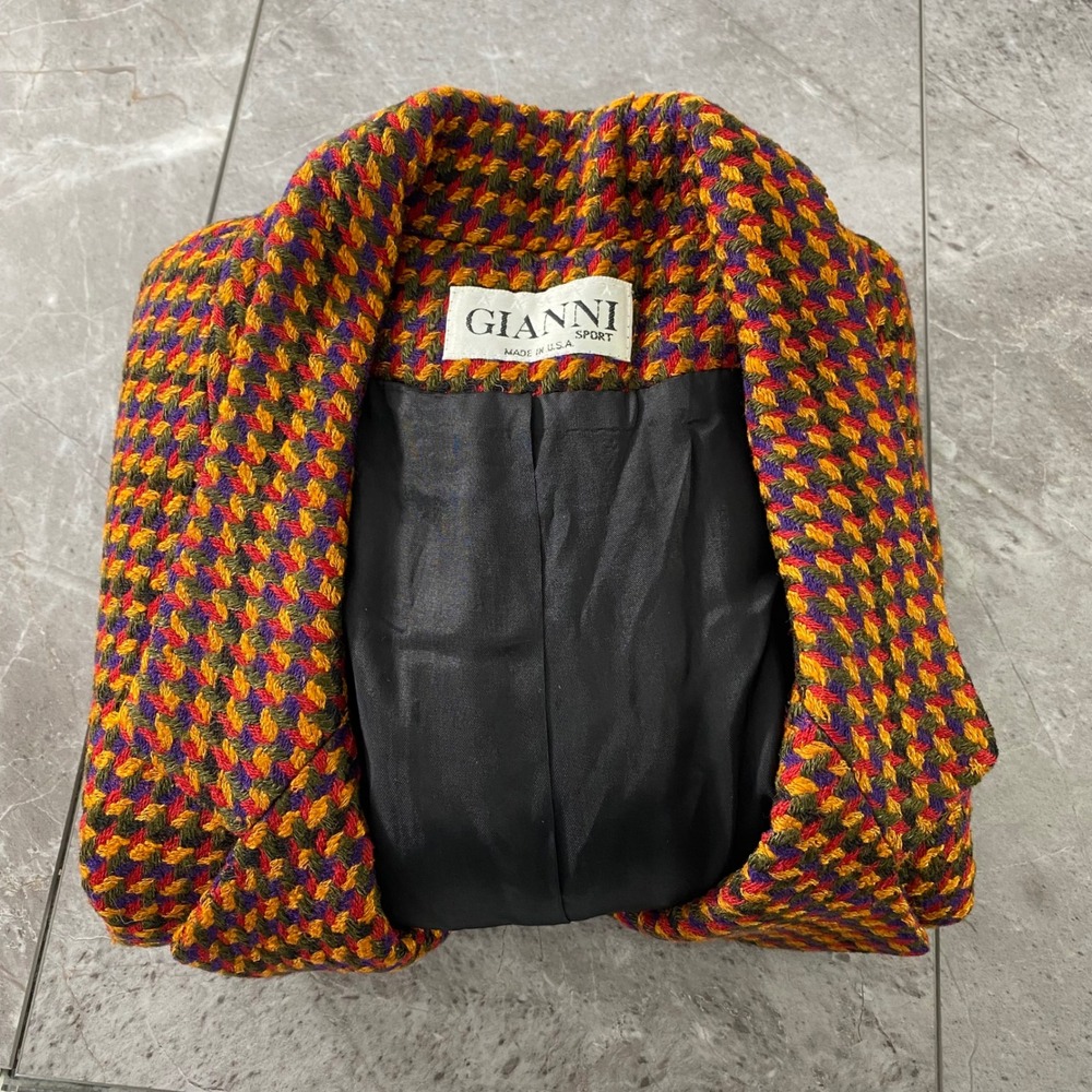 Gianni Sport Vintage Multi-Color‎ Wool Houndstooth Blazer Jacket Size 12 Flawed